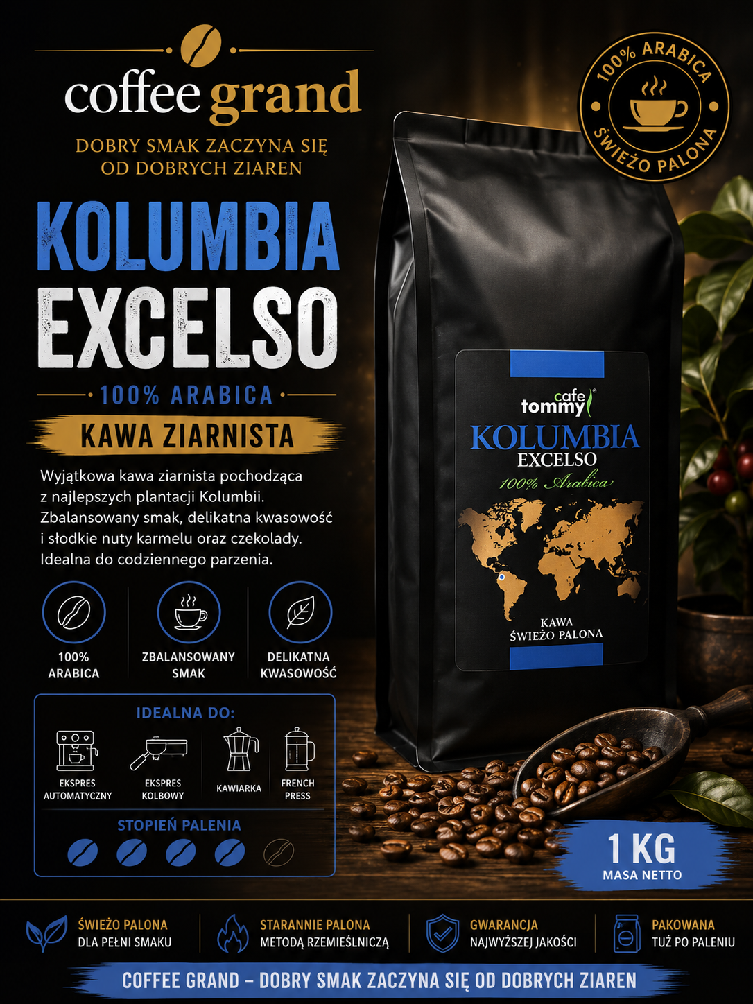 Kawa ziarnista Coffee Grand Kolumbia Excelso 1 kg – 100% Arabica