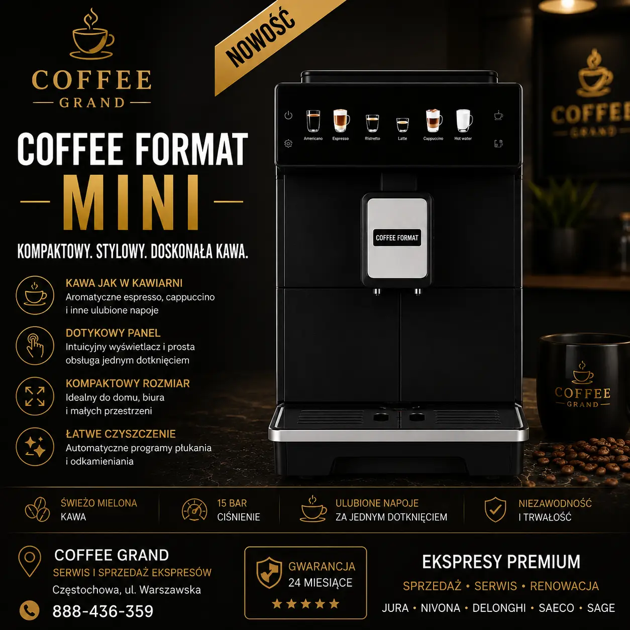 Coffee Format MINI – automatyczny ekspres do kawy z panelem dotykowym – NOWY - obrazek 2
