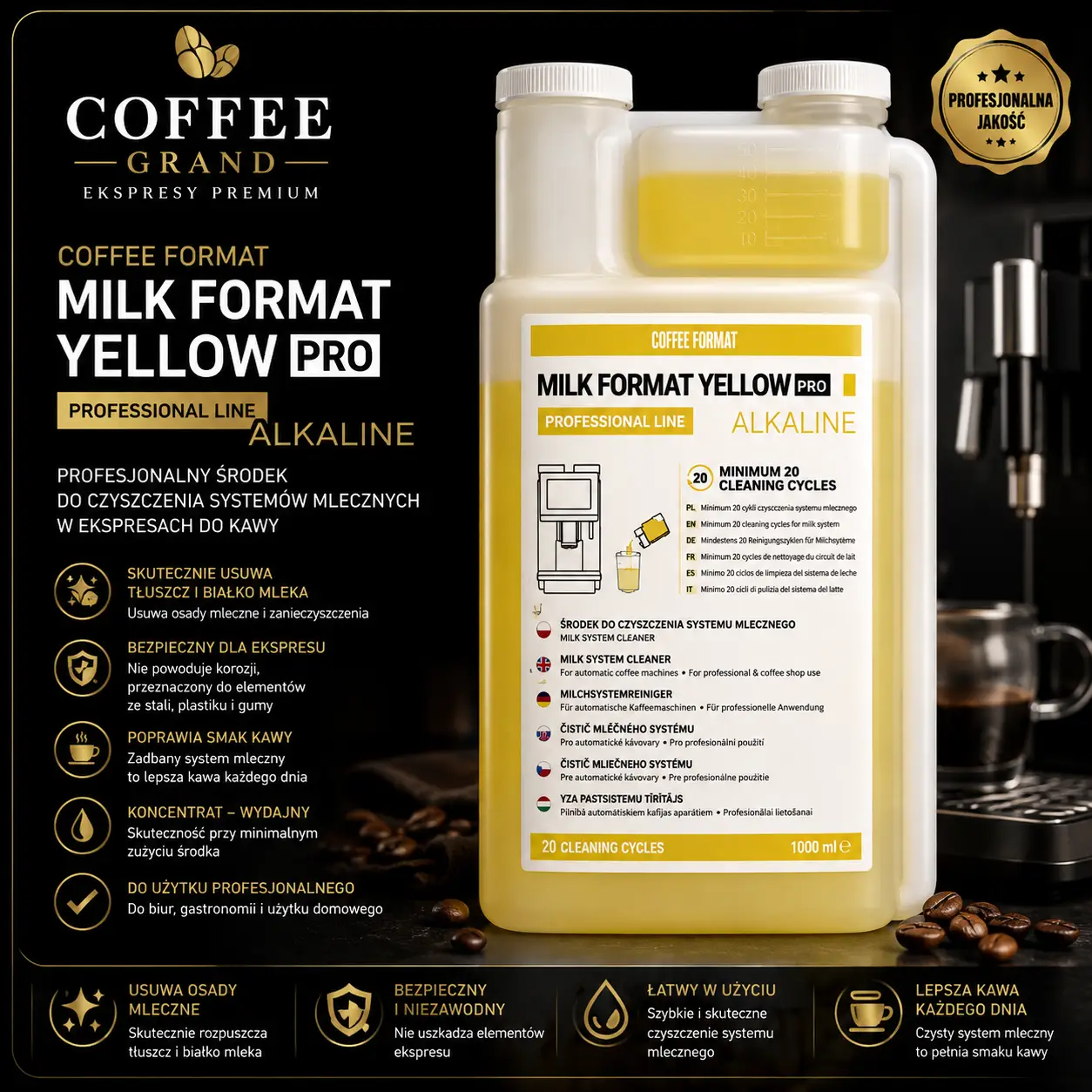 Coffee Format Milk Format Yellow PRO – profesjonalny płyn do czyszczenia systemu mlecznego 1L